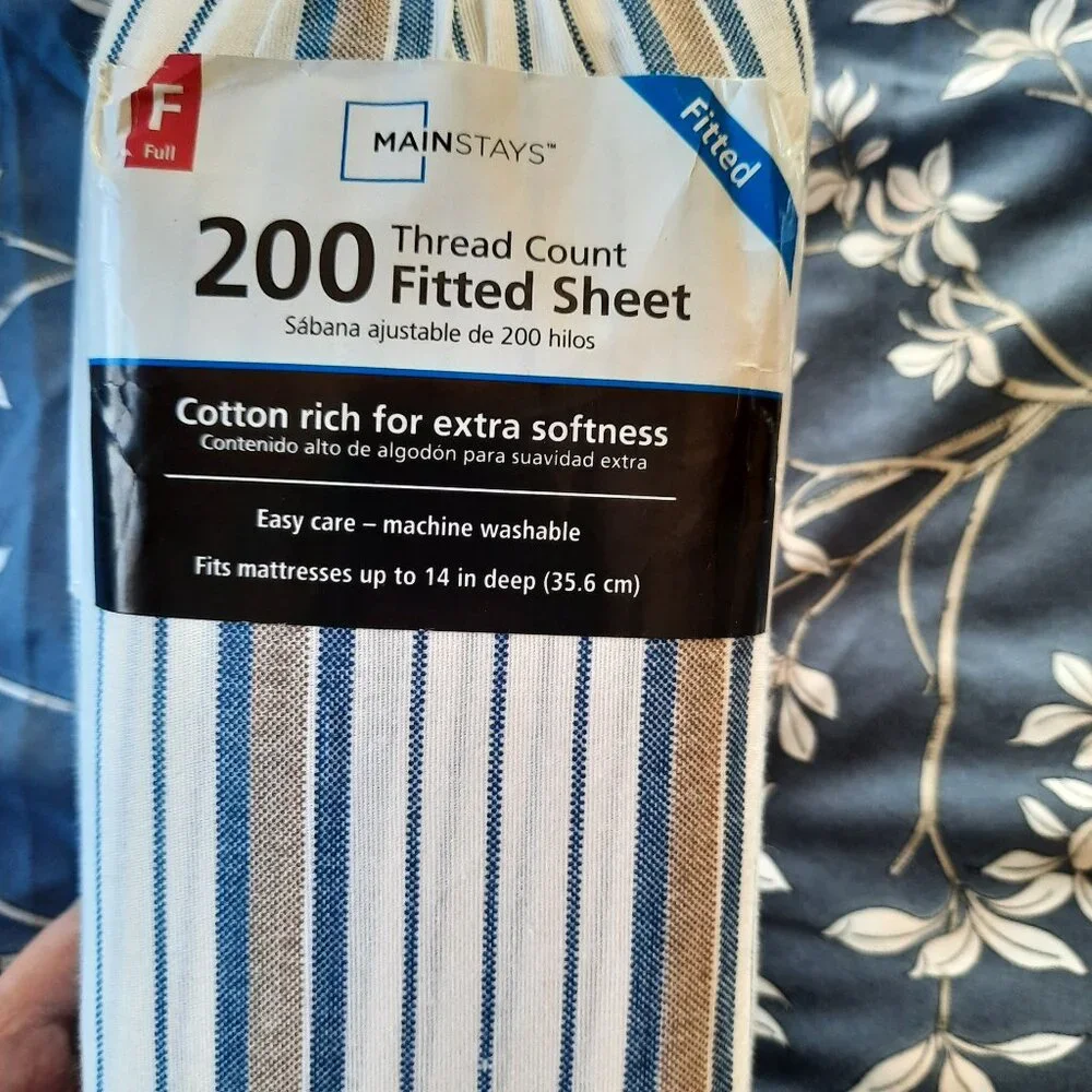 MAINSTAYS Shirt Stripe Print Cotton Percale Fitted Sheet NWT! - Blue/Tan, FULL